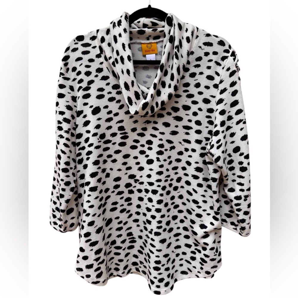 Ruby Rd. Cowl Neck Sweater Lattice 3/4 Sleeve Cream Black Animal Print Size L
